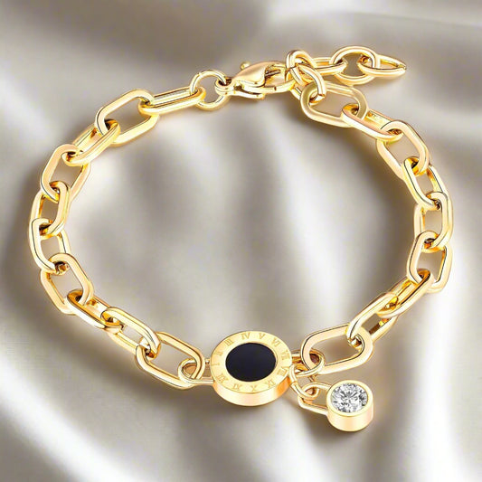 chic gold plated bracelet with cubic zirconia stone & roman numeral design
