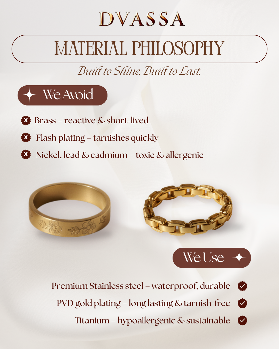 Dvassa jewelry material philosophy with gold rings and text on a light background
