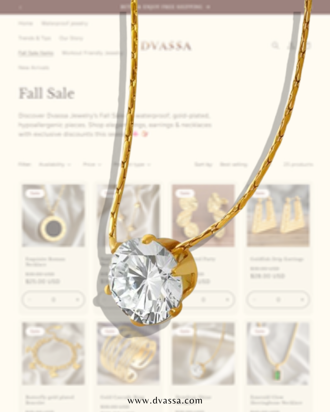 Gold necklace with a large diamond pendant on a website background