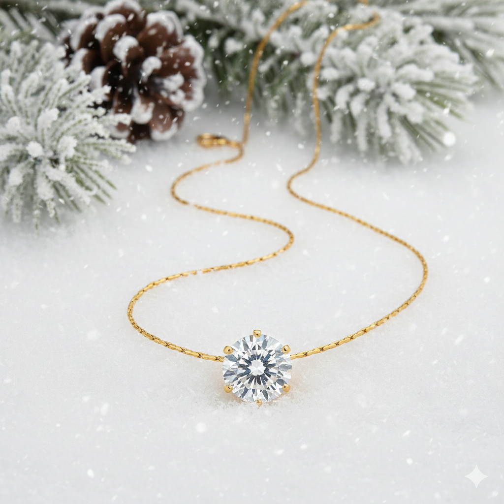 Gold necklace with a diamond pendant on a snowy background for valentine's day jewelry