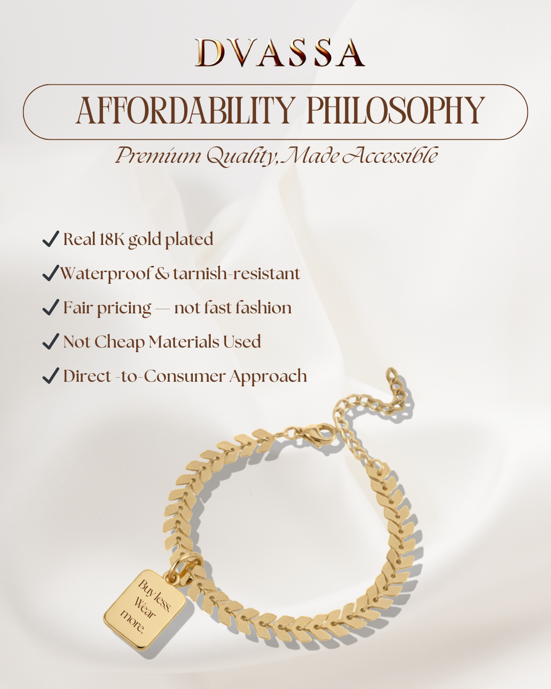 Gold bracelet with a tag on a light background, featuring Dvassa brand information.