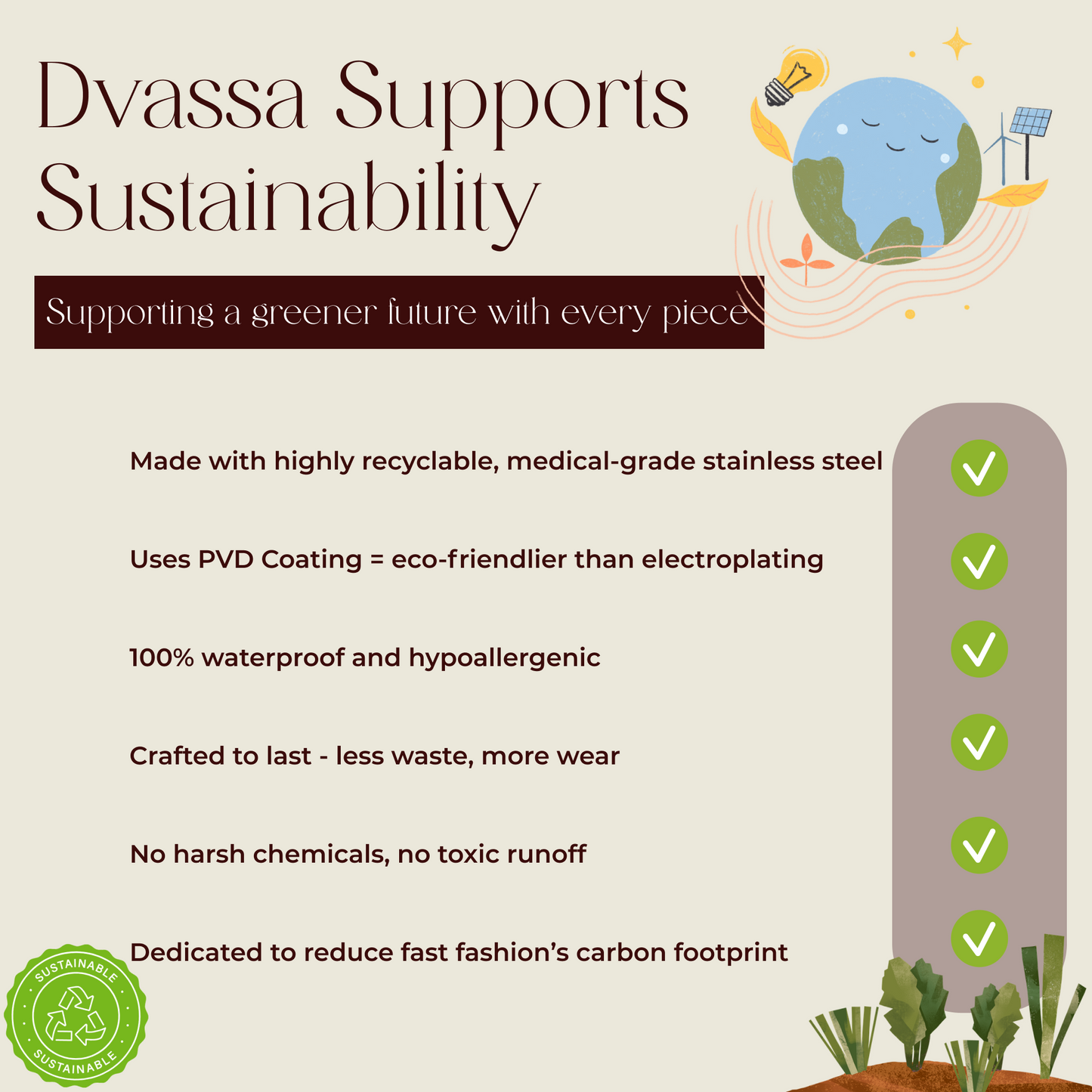 Promotional graphic for Dvassa products highlighting sustainability features.
