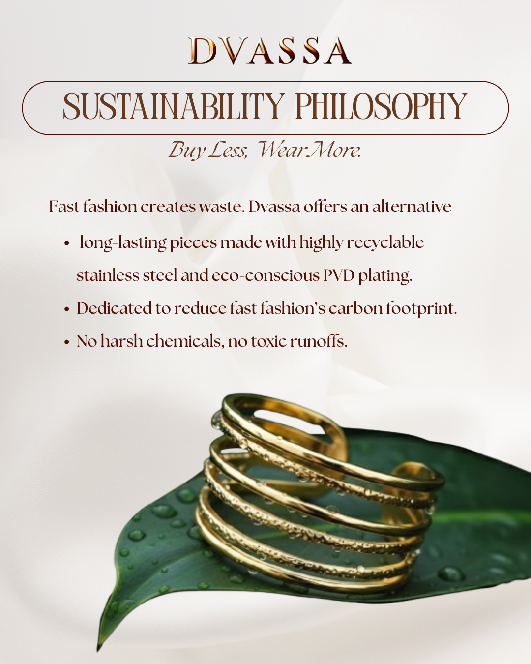 Gold ring on a green leaf with Dvassa sustainability philosophy