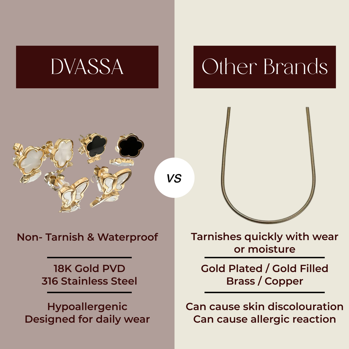 Comparison chart between DVASSA jewelry and other brands on a beige background.