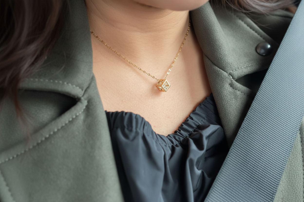 Person wearing a gray coat with a necklace and dark shirt underneath.