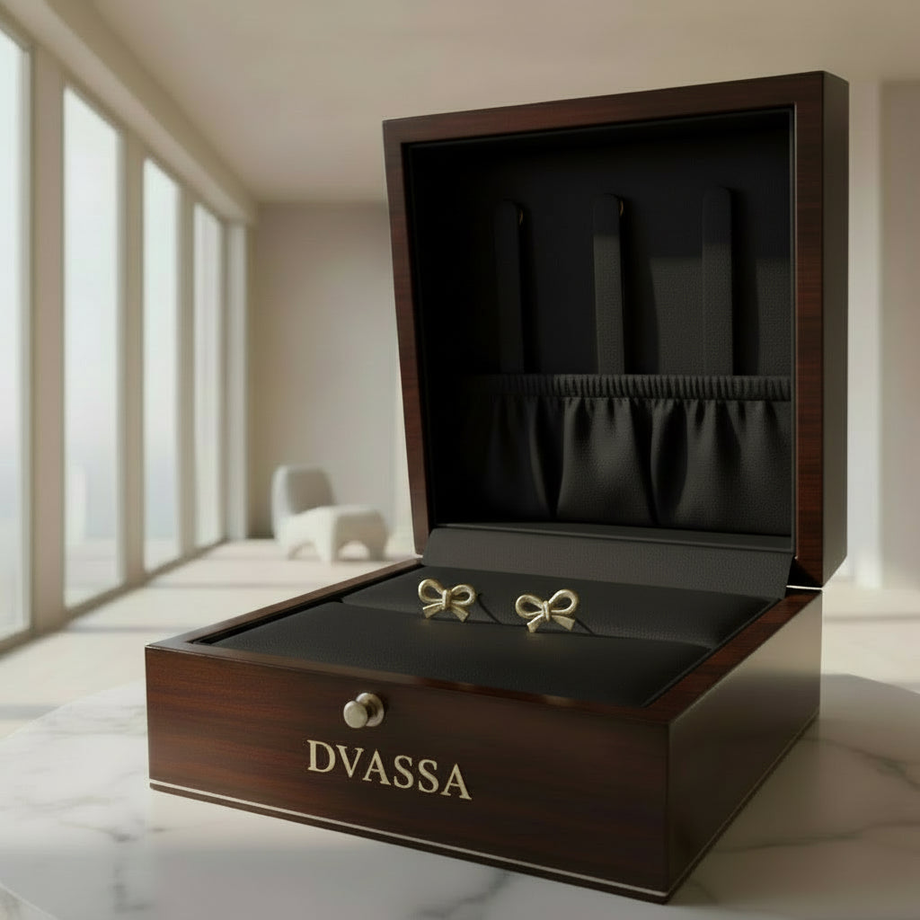 Gold bow-shaped earrings on a soft beige fabric background