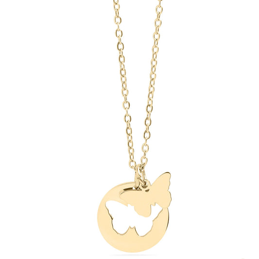 Gold butterfly pendant necklace on a white background