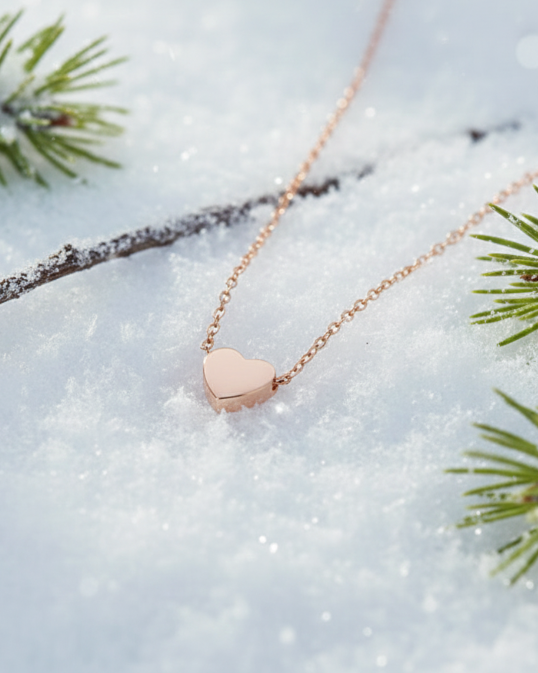 Rose gold heart-shaped necklace on a snowy background with pine branches.